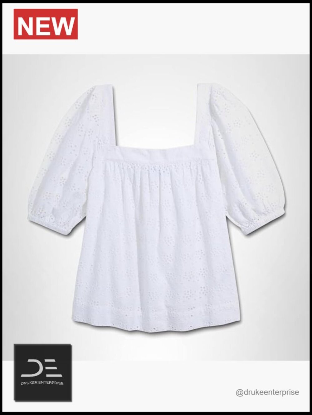 Women's Eyelet Square Neck Top with Puff Sleeves - Cotton